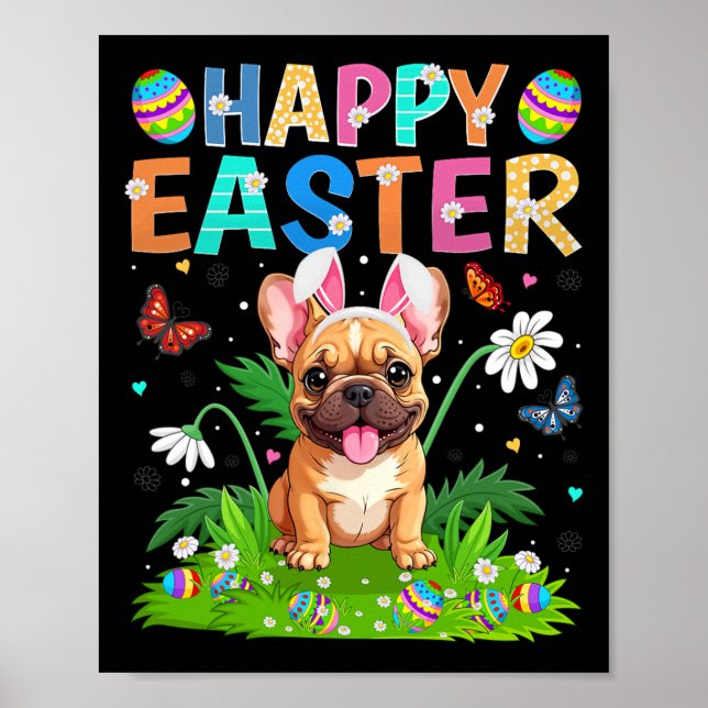 Affiche Bouledogue français Joyeuses Pâques Chasse aux œuf (Devant)
