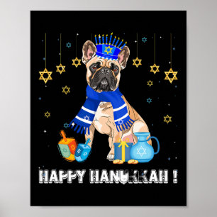 Affiche Bouledogue français Menorah Chapeau Joyeux Chanuka