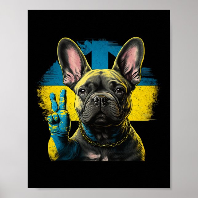 Affiche Bouledogue français Ukraine Paix Et Amour Drapeau  (Devant)