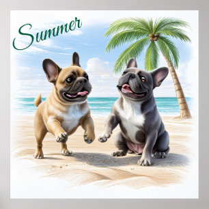 Affiche Bouledogues français Plage Bouledogue Français