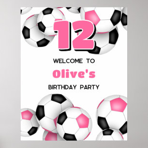 Affiche boules de football rose noir filles fête d'anniver