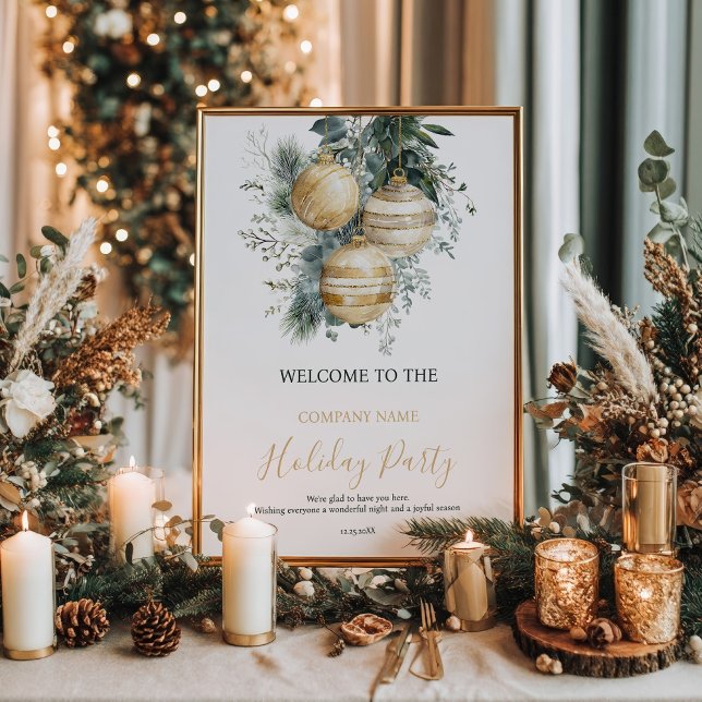 Affiche Boules de Noël en Or Entrelacs de Verdure Bienvenu (Corporate Gold Baubles Greenery Christmas Welcome Poster)