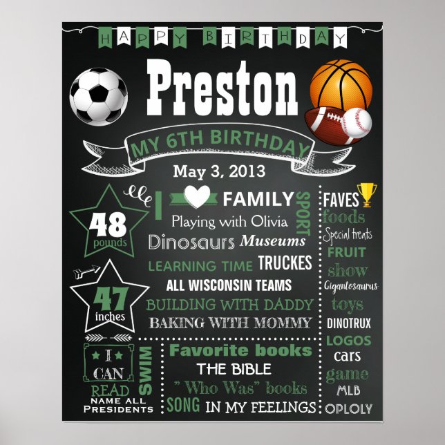 Affiche Boules de sport Signal à craie d'anniversaire garç (Devant)