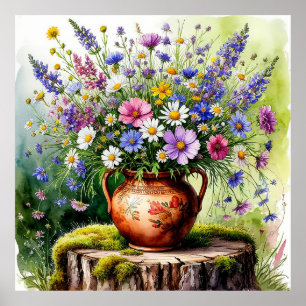 Affiche Bouquet aquarellé de fleurs sauvages dans un vase