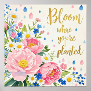 Affiche Bouquet aquarelle vibrant de pivoines, de margueri