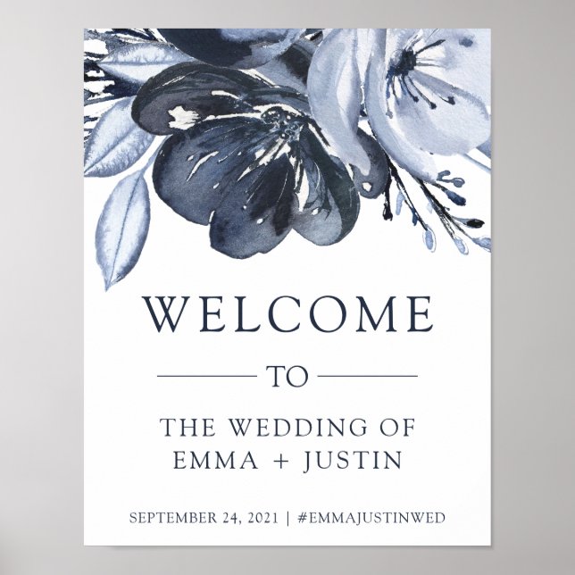 Affiche Bouquet bleu | Aquarelle Floral Mariage Bienvenue (Devant)