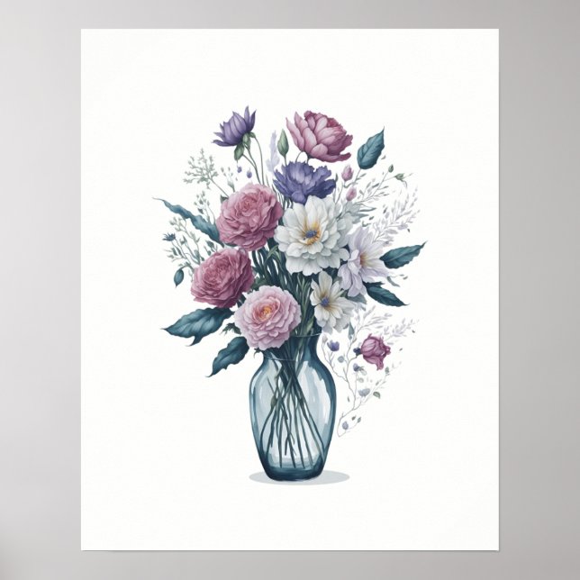 Affiche Bouquet d'aquarelle de fleurs dans Vase de verre (Devant)