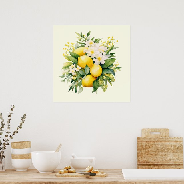 Affiche Bouquet de citrons avec fleurs blanches (Cuisine)