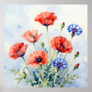 Affiche Bouquet de coquelicot rouge aquarelle et de bleuet