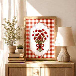 Affiche Bouquet de coquelicots au ruban rouge Cottagecore