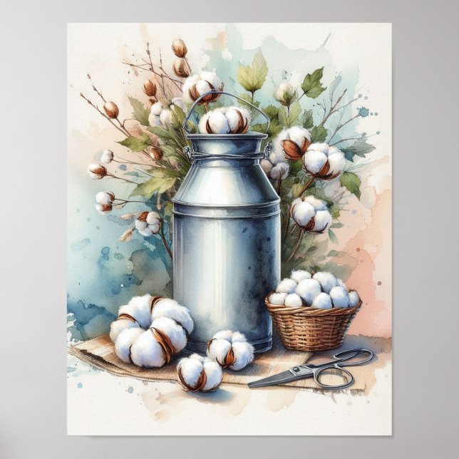 Affiche Bouquet de coton dans un bidon de lait (Devant)