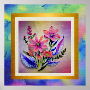 Affiche Bouquet de fleurs à l'aquarelle, fond coloré