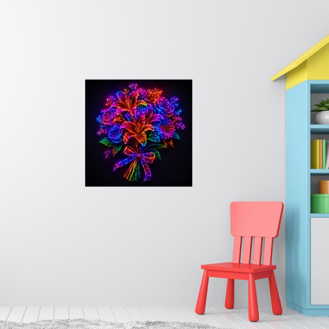Affiche Bouquet de fleurs arc-en-ciel néon vibrant mural (Pépinière 1)