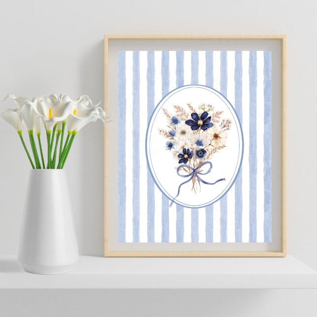 Affiche Bouquet de fleurs bleu marine rayures florales (Créateur téléchargé)