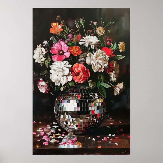 Affiche Bouquet de fleurs dans un Vase de Boule Disco Vint (Devant)