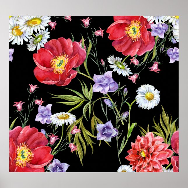 Affiche Bouquet de fleurs d'aquarelle : Motif sans couture (Devant)