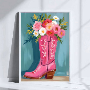 Affiche Bouquet de fleurs de bottes de cowgirl rose aquare