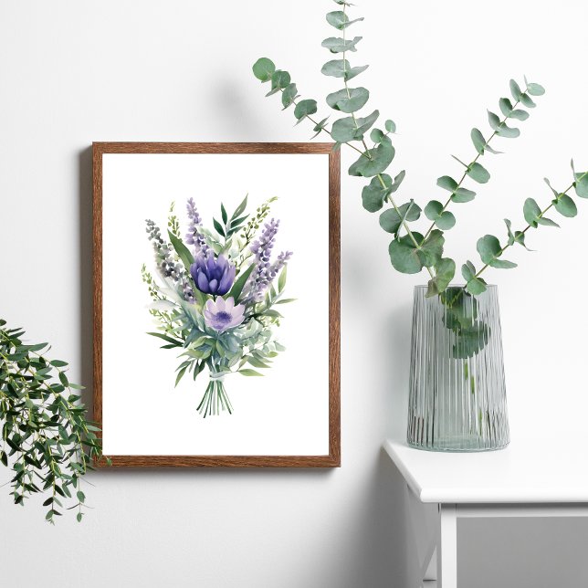 Affiche Bouquet de fleurs de lavande violettes d'eucalyptu (Lavender, purple flowers, eucalyptus and greenery in this beautiful bouquet of flowers.)