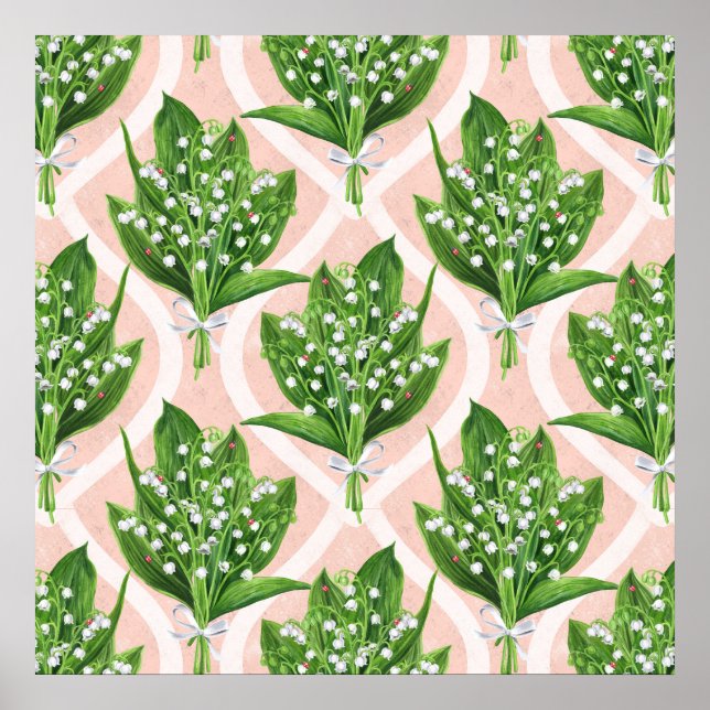 Affiche Bouquet de fleurs de muguet sur fond rose (Devant)