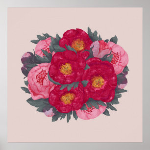 Affiche Bouquet de fleurs de pivoines Botanique rouge rose