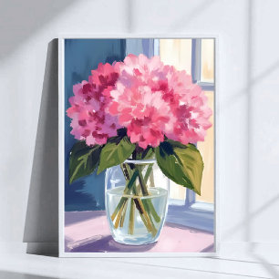 Affiche Bouquet de fleurs d'hortensia rose vase aquarelle