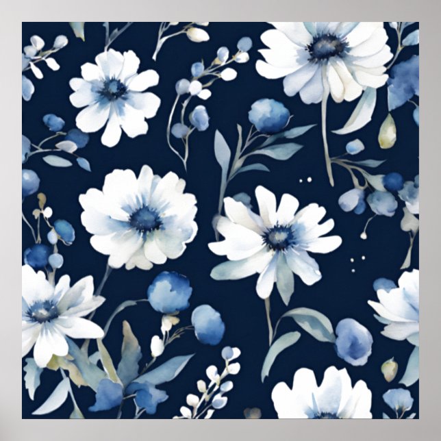 Affiche Bouquet de fleurs élégant aquarelle bleue (Devant)