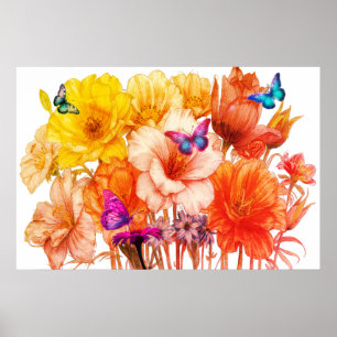 Affiche Bouquet de fleurs et papillons sur un joli mur