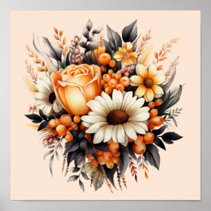 Affiche Bouquet de fleurs gris-jaune orange