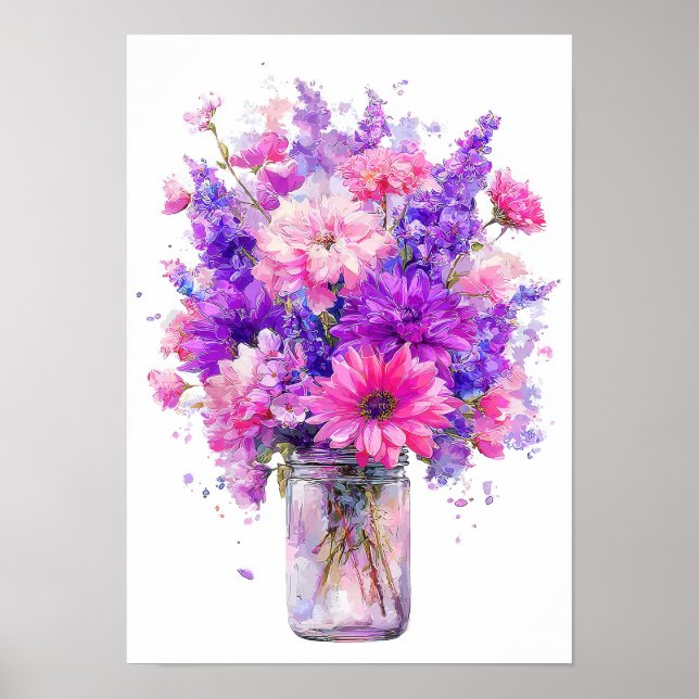 Affiche Bouquet de fleurs rose violet aquarelle dans un po (Devant)