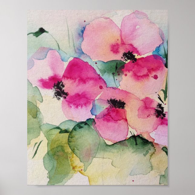Affiche Bouquet de fleurs roses aquarelles (Devant)