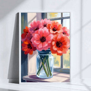 Affiche Bouquet de fleurs rouges vase peinture aquarelle