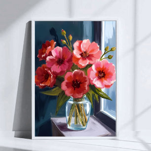 Affiche Bouquet de fleurs rouges vase peinture aquarelle