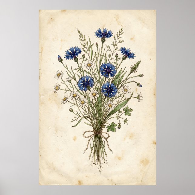 Affiche Bouquet de fleurs sauvages Bleuet Vintage (Devant)