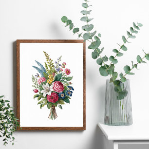 Affiche Bouquet de fleurs sauvages roses bleues jaunes et