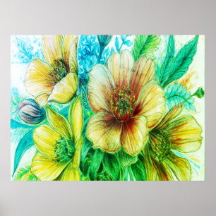 Affiche Bouquet de fleurs vertes en fleurs sur un mur