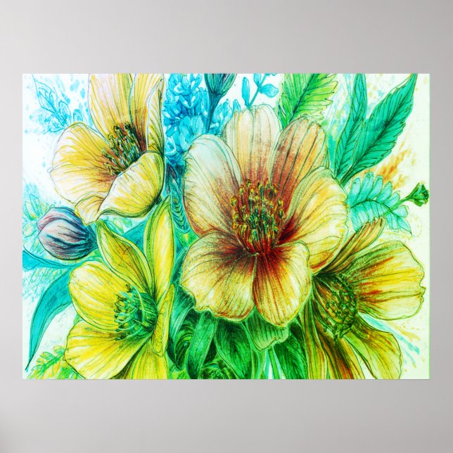 Affiche Bouquet de fleurs vertes en fleurs sur un mur (Devant)