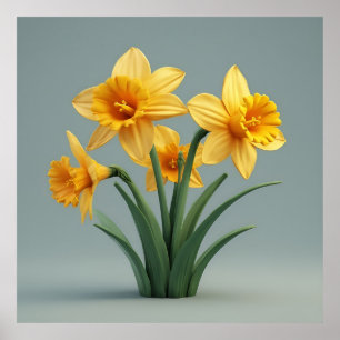 Affiche Bouquet de jonquilles jaune vif avec feuilles vert
