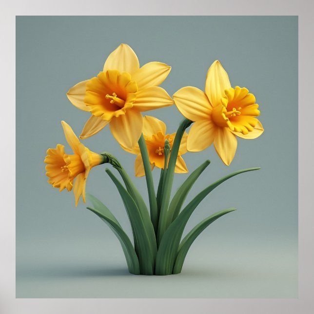 Affiche Bouquet de jonquilles jaune vif avec feuilles vert (Devant)