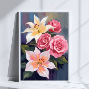 Affiche Bouquet de lys blancs et de roses roses floral aqu