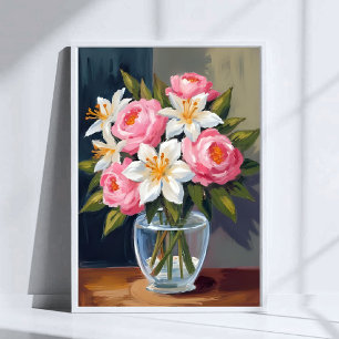 Affiche Bouquet de lys et de roses Vase aquarelle floral