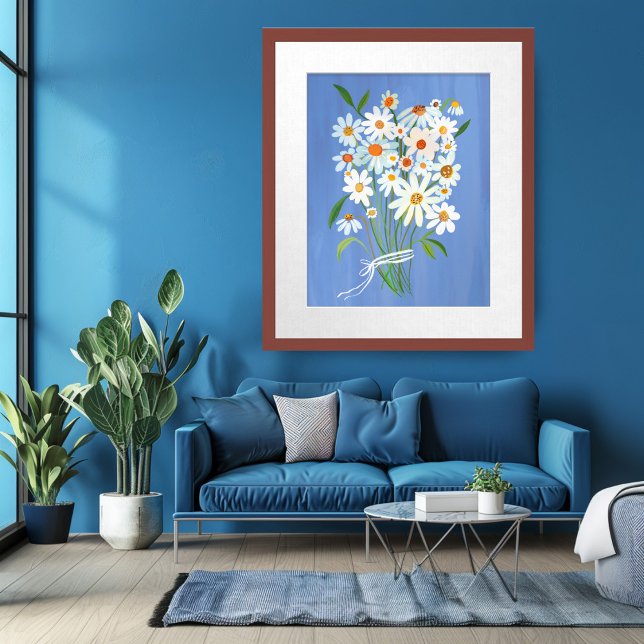 Affiche Bouquet de marguerite blanche sur la peinture Goua (White Daisy Bouquet on Blue Gouache Painting Wall Art Poster
)
