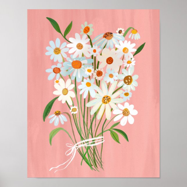 Affiche Bouquet de marguerite blanche sur peinture Gouache (Devant)