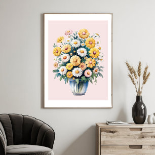 Affiche Bouquet de marguerites aquarelle jaune blanc