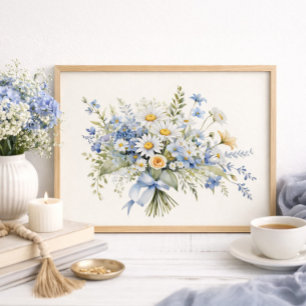 Affiche Bouquet de marguerites sauvages bleues et blanches