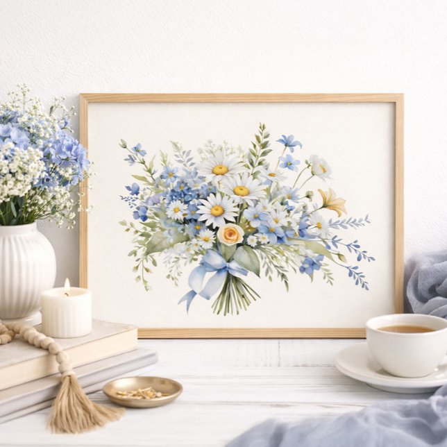 Affiche Bouquet de marguerites sauvages bleues et blanches (Blue wildflowers and daisies wall art )