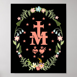 Affiche Bouquet de Médailles Miraculeuses Roses Croix Cath