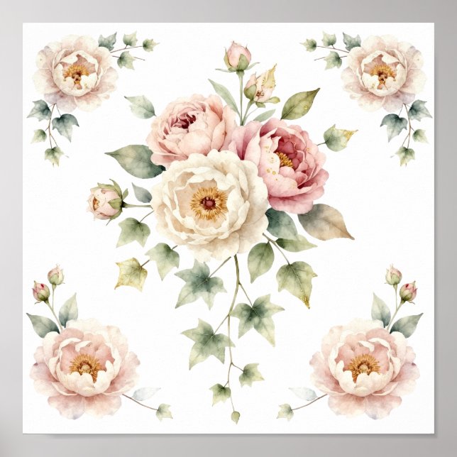 Affiche Bouquet de pivoines douces Élégance aquarelle (Devant)