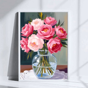 Affiche Bouquet de pivoines   Fleurs rose aquarelle en vas