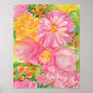Affiche Bouquet de pivoines jaune et rose
