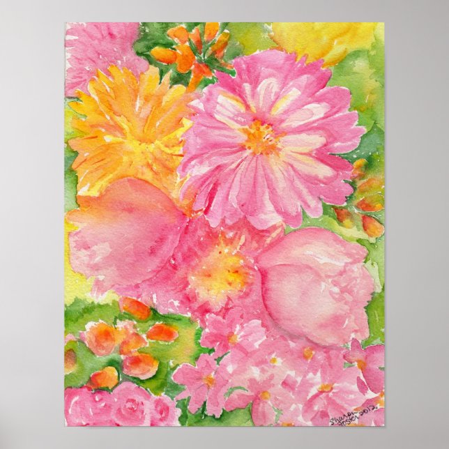 Affiche Bouquet de pivoines jaune et rose (Devant)